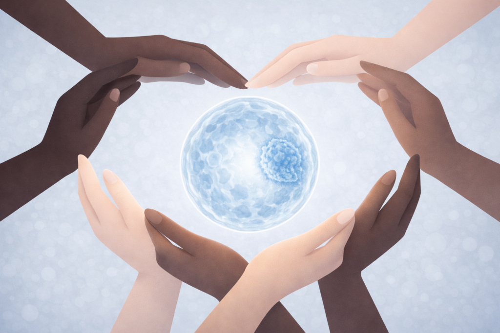 diverse hands cradling a glowing embryo